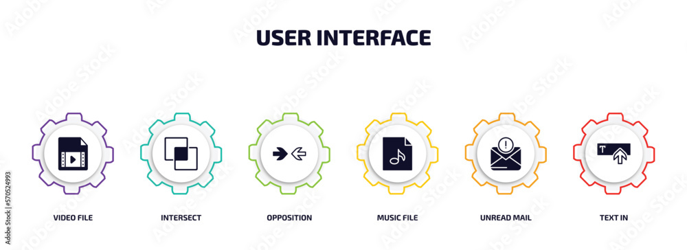 Poster user interface infographic element with filled icons and 6 step or option. user interface icons such