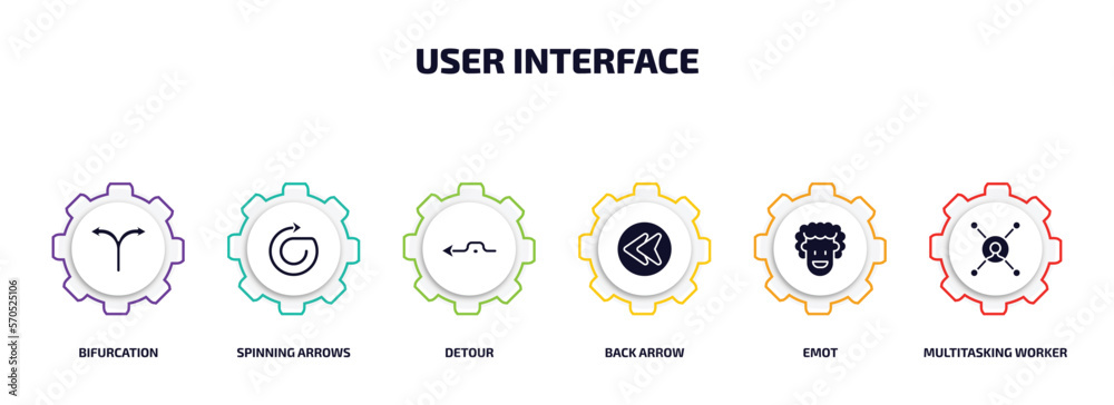 Poster user interface infographic element with filled icons and 6 step or option. user interface icons such
