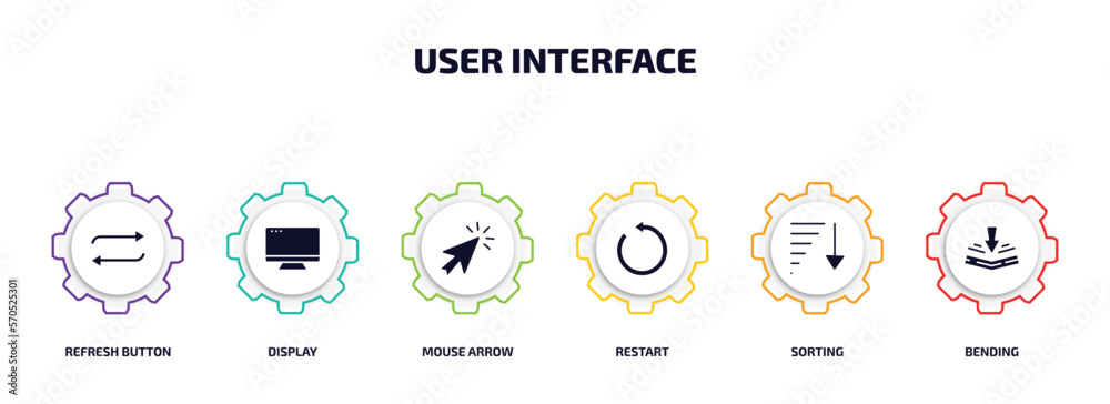 Poster user interface infographic element with filled icons and 6 step or option. user interface icons such