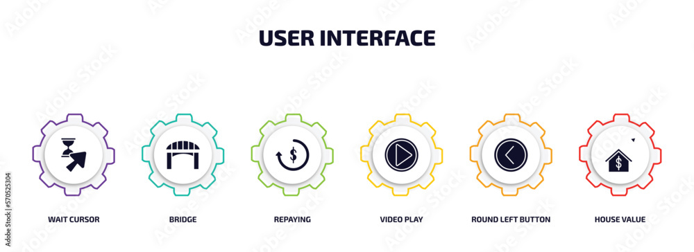 Poster user interface infographic element with filled icons and 6 step or option. user interface icons such