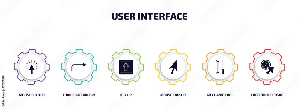 Poster user interface infographic element with filled icons and 6 step or option. user interface icons such