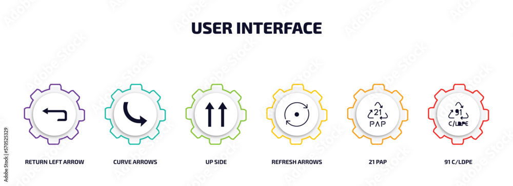 Poster user interface infographic element with filled icons and 6 step or option. user interface icons such