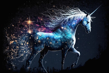 Generative artificial intelligence. The figure of a unicorn in a cloud of galactic nebula among the stars and glitter. A fantasy magical creature. The concept of illustration.