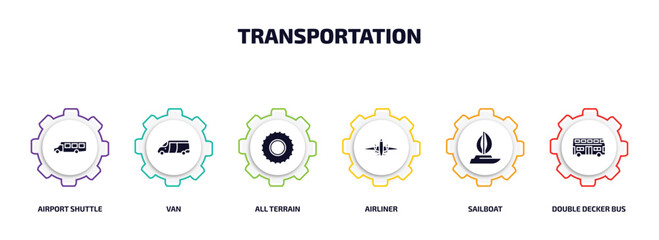 transportation infographic element with filled icons and 6 step or option. transportation icons such as airport shuttle, van, all terrain, airliner, sailboat, double decker bus vector.