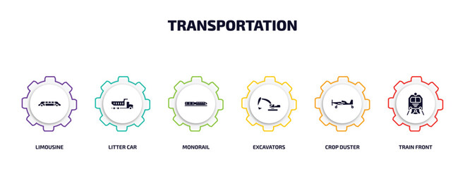 transportation infographic element with filled icons and 6 step or option. transportation icons such as limousine, litter car, monorail, excavators, crop duster, train front vector.