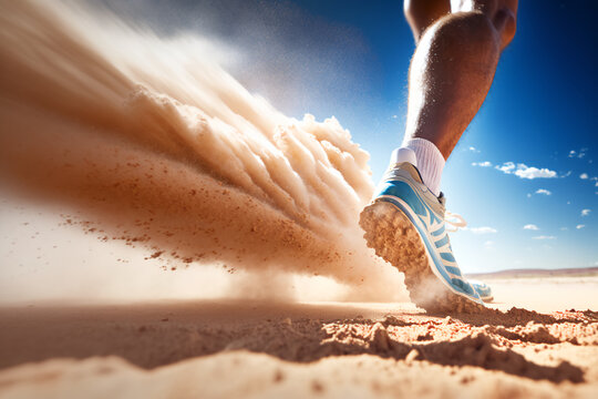 corridore primo piano piedi scarpa gamba realistica luce diurna pavimento polvere cielo blu azione sportiva
