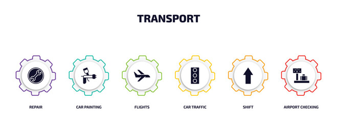 transport infographic element with filled icons and 6 step or option. transport icons such as repair, car painting, flights, car traffic, shift, airport checking vector.