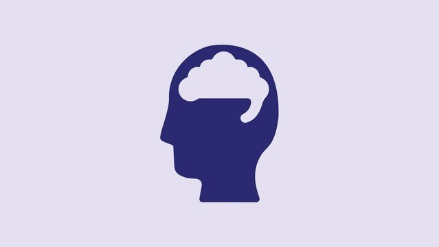 Blue Human brain icon isolated on purple background. 4K Video motion graphic animation
