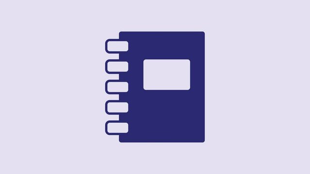 Blue Notebook icon isolated on purple background. Spiral notepad icon. School notebook. Writing pad. Diary for school. 4K Video motion graphic animation