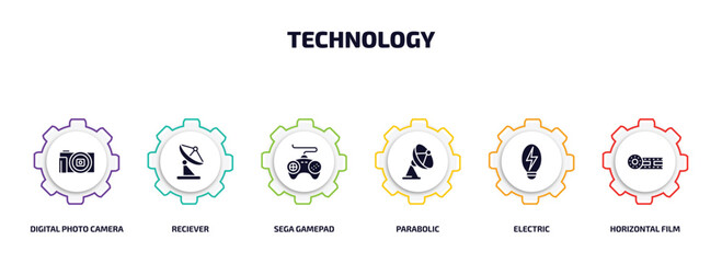 technology infographic element with filled icons and 6 step or option. technology icons such as digital photo camera, reciever, sega gamepad, parabolic, electric, horizontal film strip vector.