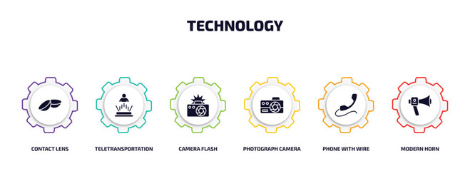 technology infographic element with filled icons and 6 step or option. technology icons such as contact lens, teletransportation, camera flash, photograph camera, phone with wire, modern horn