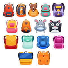Hand drawn vector set of cartoon backpacks and bags.