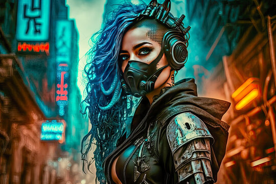 A cyberpunk with mouth mask in a futuristic city quarter - Generative AI