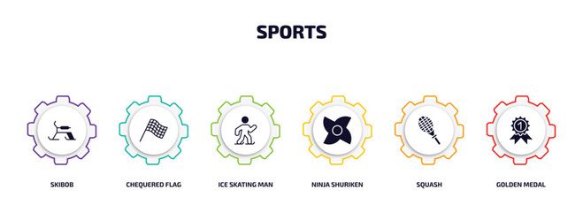 sports infographic element with filled icons and 6 step or option. sports icons such as skibob, chequered flag, ice skating man, ninja shuriken, squash, golden medal vector.