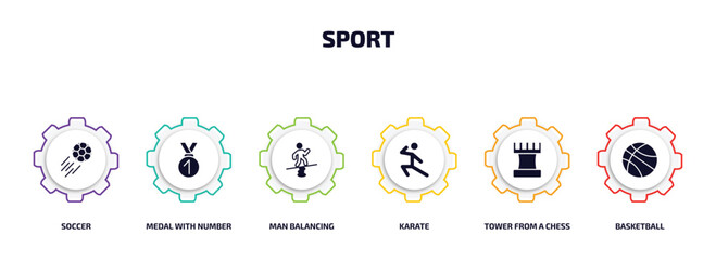 sport infographic element with filled icons and 6 step or option. sport icons such as soccer, medal with number 1, man balancing, karate, tower from a chess, basketball vector.