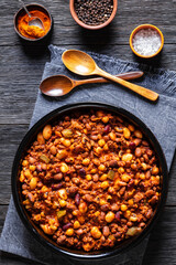 Beans and Sausage bake in baking dish, top view