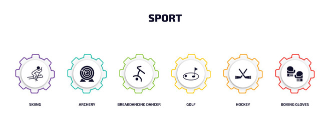 sport infographic element with filled icons and 6 step or option. sport icons such as skiing, archery, breakdancing dancer, golf, hockey, boxing gloves vector.