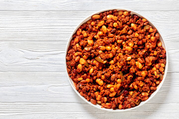 Beans and Sausage bake in baking dish, top view