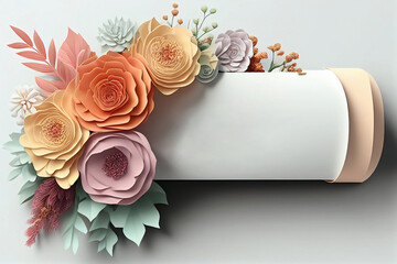 Scroll paper with decorative flower bouquet decoration. perfect for design mockup. 3d generative ai renders