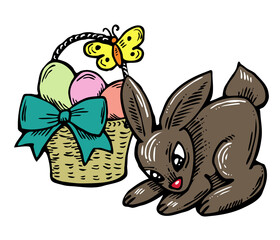 Easter bunny with basket, eggs, flowers and butterfly. Decorative design composition for poster print, greeting card, kids party invitation. Hand drawn illustration. Vintage cartoon style drawing.