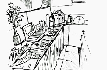 Sketch of the kitchen with elements of dishes. Hand drawn