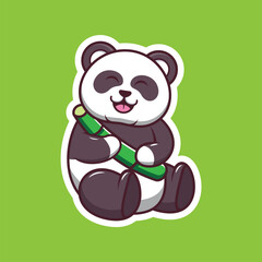 Cute panda smiling carrying bamboo stick cartoon vector illustration