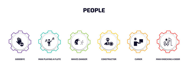 people infographic element with filled icons and 6 step or option. people icons such as goodbye, man playing a flute, waves danger, constructor, curier, man knocking a door vector. © Farahim