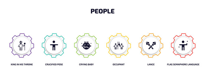 people infographic element with filled icons and 6 step or option. people icons such as king in his throne, crucified pose, crying baby, occupant, lance, flag semaphore language vector.