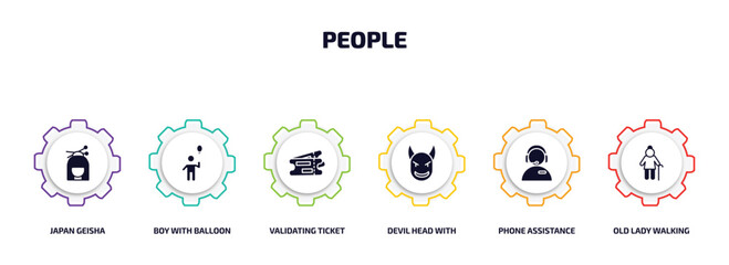 people infographic element with filled icons and 6 step or option. people icons such as japan geisha, boy with balloon, validating ticket, devil head with horns, phone assistance, old lady walking
