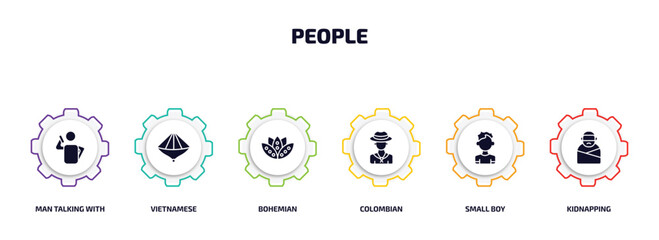 people infographic element with filled icons and 6 step or option. people icons such as man talking with phone, vietnamese, bohemian, colombian, small boy, kidnapping vector.