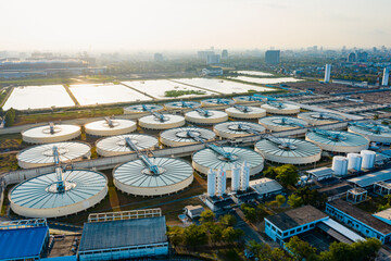 Aerial View of Drinking water treatment plant. Microbiology of drinking water production and...