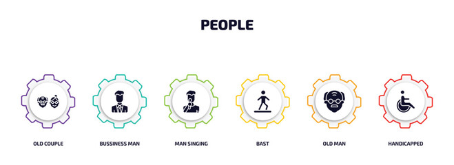 people infographic element with filled icons and 6 step or option. people icons such as old couple, bussiness man, man singing, bast, old man, handicapped vector.