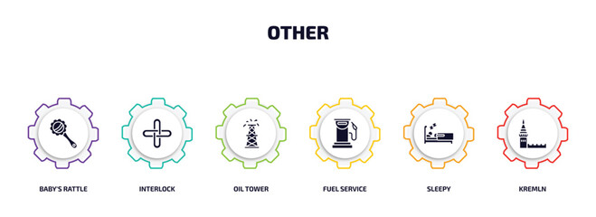 other infographic element with filled icons and 6 step or option. other icons such as baby's rattle, interlock, oil tower, fuel service, sleepy, kremln vector.