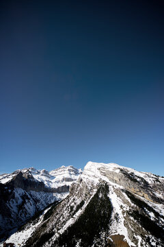Snowy mountains in Canfranc Valley, Hueca Province, Aragon, Pyrenees in Spain.