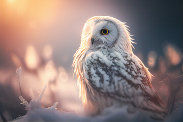A close up portrait of white owl, blur background, cinematic lightning, generative ai 