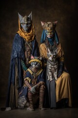 Cats wearting tribal costume. Cats family. Funny scene of cat. Generative AI