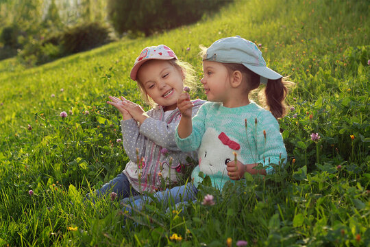 Sisters sit in nature in meadow flowers in spring at sunset