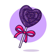 A heart-shaped lollipop with space caramel and stars on a stick. Vector illustration in cartoon flat style. A space-style lollipop icon with a bow.