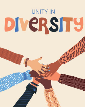 Unity in diversity. Group of diversity skin hands, touching each other.  Racial equality and anti-racism. Multicultural society. Friendship. Vector illustration