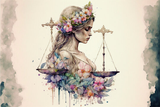 Witchcraft card with astrology Libra zodiac sign on artistic watercolor background. Realistic hand drawing woman 