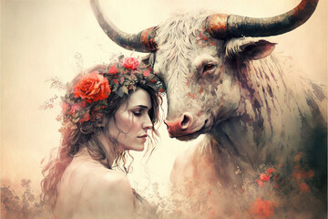 Wiitchcraft card with astrology Taurus zodiac sign on artistic watercolor background. Realistic hand drawing bull and a woman