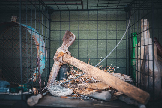 Old hammer near a house in a desert of California