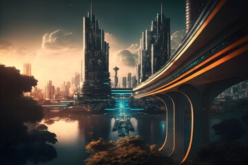 Naklejka na ściany i meble Futuristic city view illustration, morning view, sunshine, skyscaper, big city, future