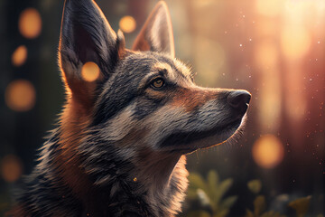 A close up portrait of a wolf, blur background, cinematic lightning, generative ai 