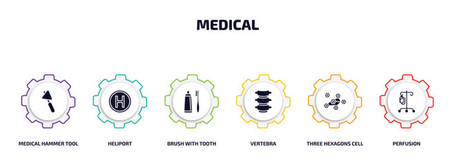 medical infographic element with filled icons and 6 step or option. medical icons such as medical hammer tool, heliport, brush with tooth paste, vertebra, three hexagons cell, perfusion vector.