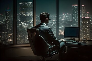 Business man working in front of his computer, staying in luxury hotel in central business area of city, dark tone