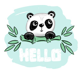 Panda vector print, baby shower card. Hello panda cartoon illustration, greeting card, kids cards for birthday poster or banner, doodle invitation