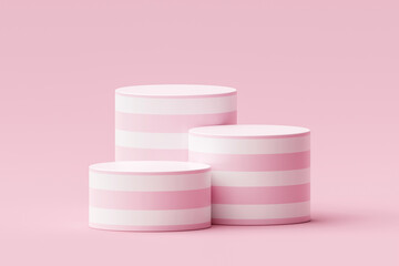Abstract pink stripes podium product display 3d stage isolated on pastel background with white striped pattern fashion concept or empty platform stand modern presentation and beauty show pedestal.