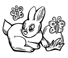 Easter bunny with basket, eggs, flowers and butterfly. Decorative design composition for poster print, greeting card, kids party invitation. Hand drawn illustration. Vintage cartoon style drawing.