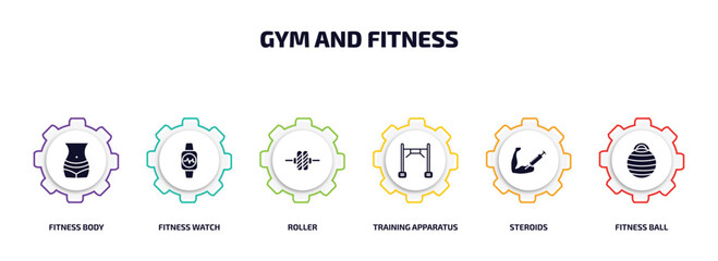 gym and fitness infographic element with filled icons and 6 step or option. gym and fitness icons such as fitness body, watch, roller, training apparatus, steroids, ball vector.